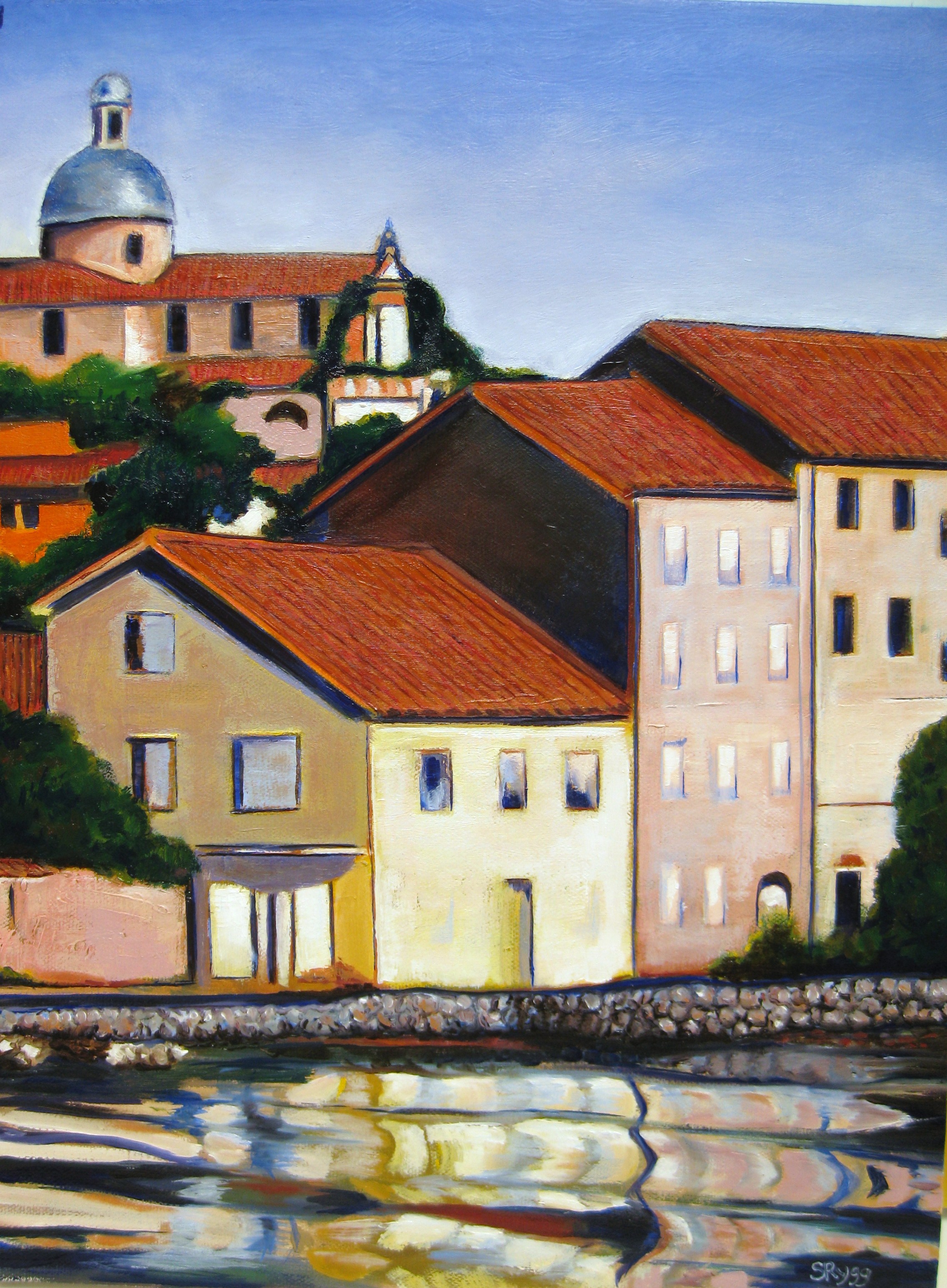 Italian Lake Village Painting